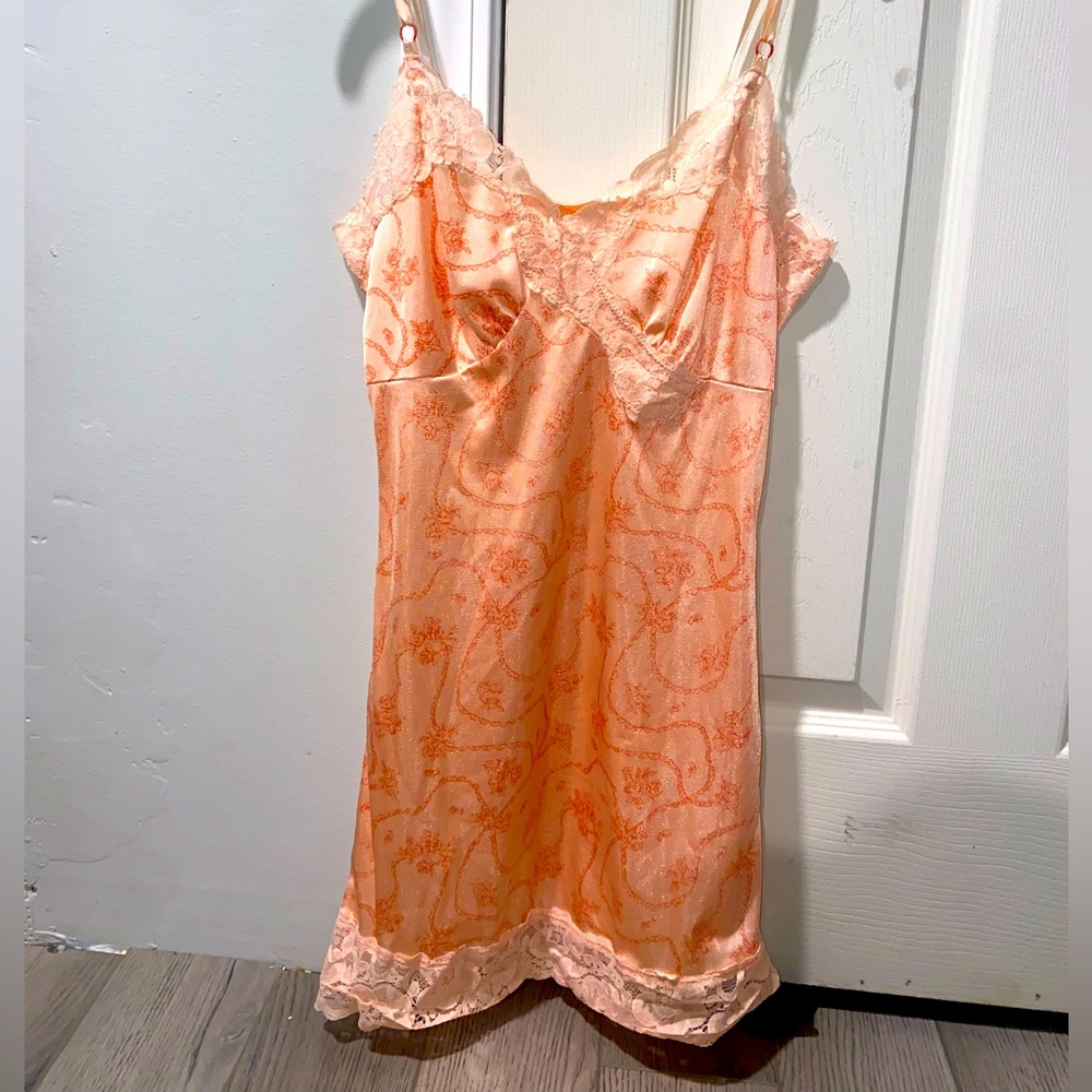 Vintage slip dress peach silky feel lace trim